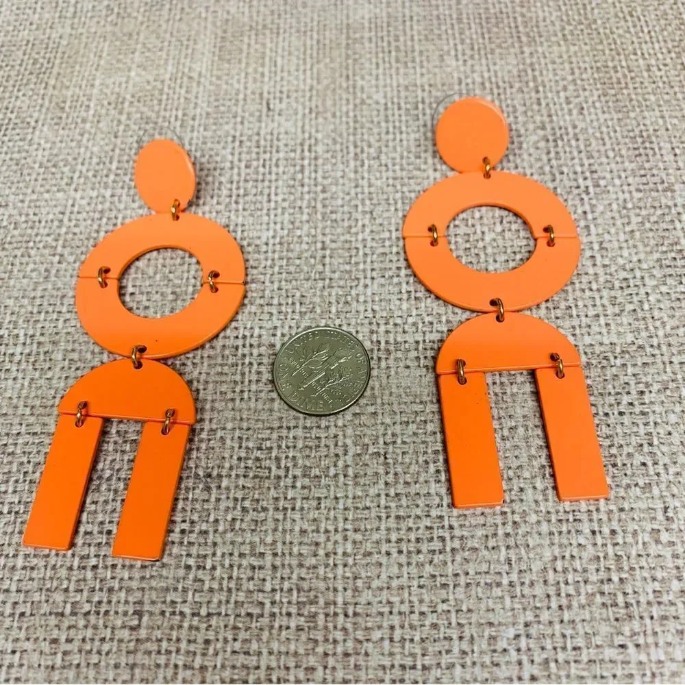 Neon Orange Geometric Dangle Earrings‎